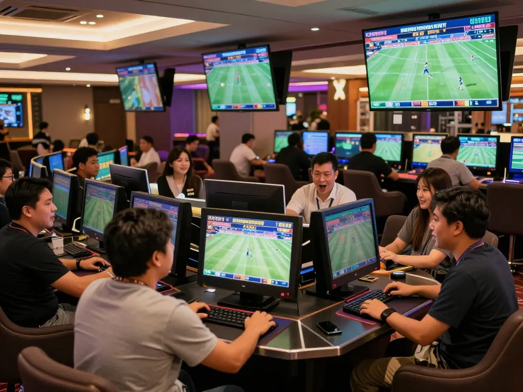 Excited bettors placing wagers on 90Phut TV sports events at a vibrant casino.