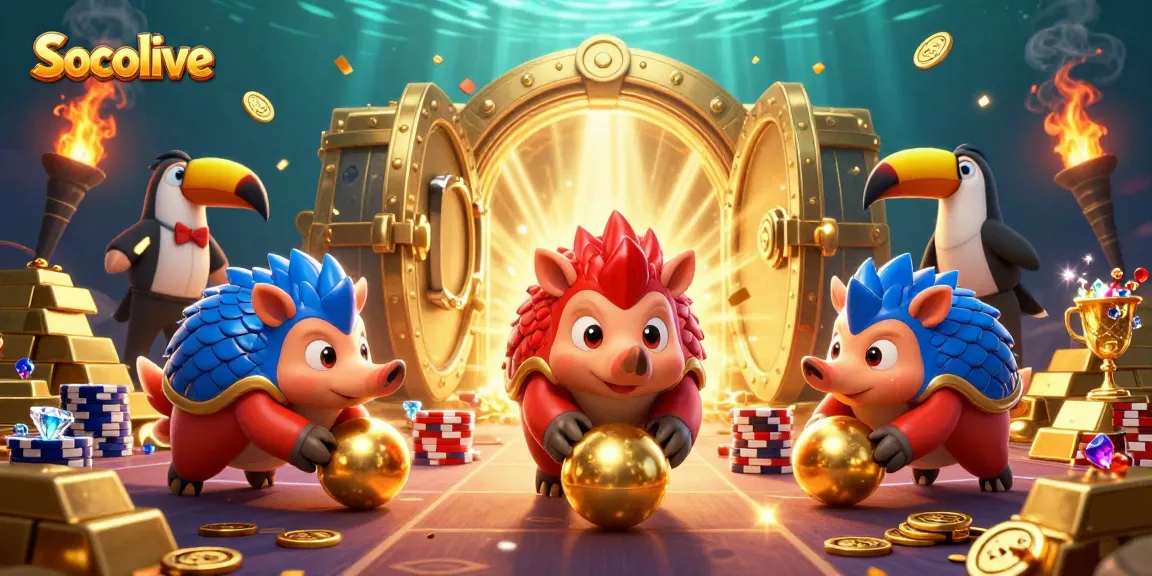 Socolive delivers an exciting gambling experience with pangolins competing in a vibrant, gold-filled scene.