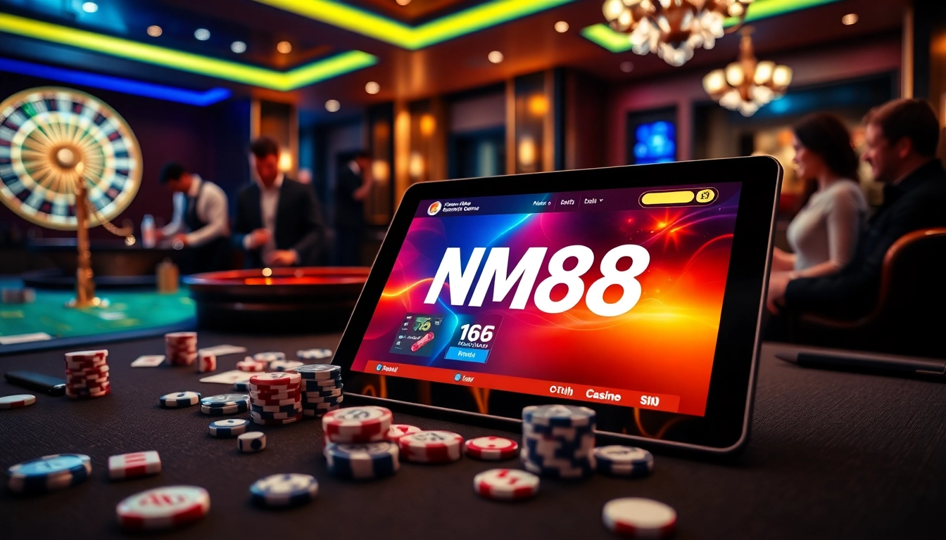 Experience the excitement of MM88 online gambling with a vibrant casino setting featuring poker chips and a roulette wheel.