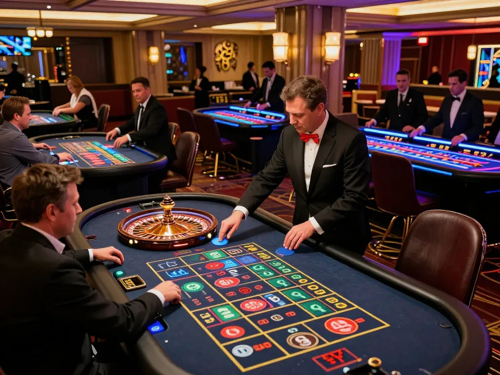 Exciting gameplay at https://da88at.com/ with players betting at a roulette table in a lively casino.