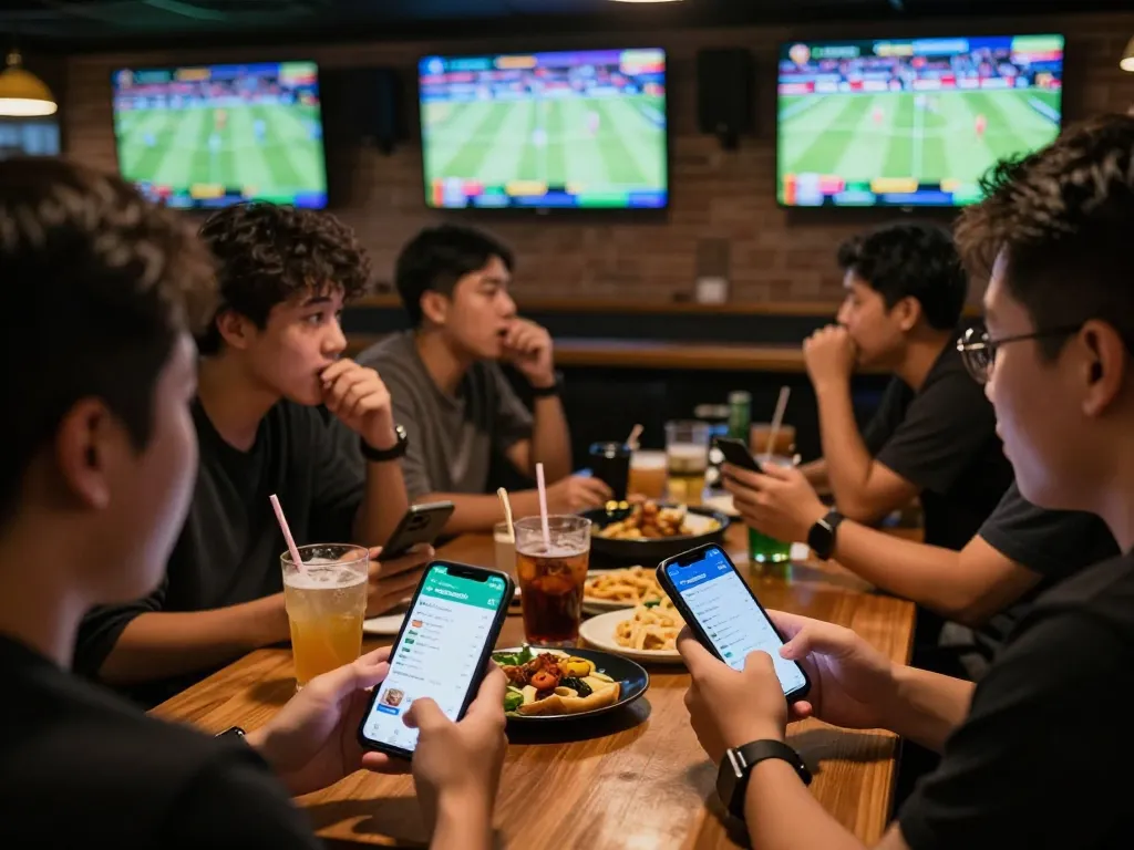 View of sports enthusiasts engaging with the keonhacai5 app while watching live games at a sports bar, showcasing vibrant atmosphere.