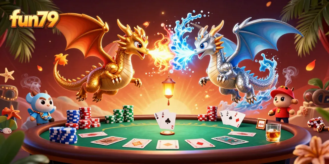 Experience thrilling poker action with fun79, showcasing golden and silver dragons in a lively casino scene.