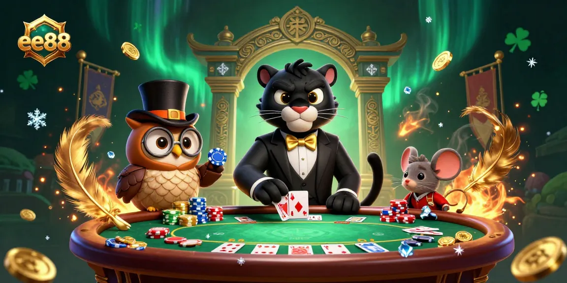 Join the excitement at ee88 as the elegant panther deals cards at a lively poker table!