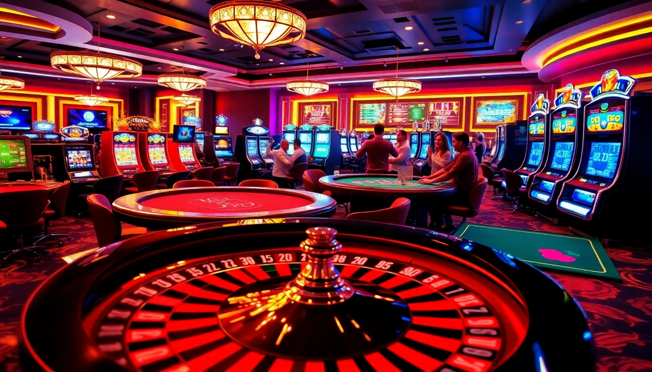 Exciting gaming atmosphere at https://mtr888.com/ featuring vibrant tables, slots, and a roulette wheel.
