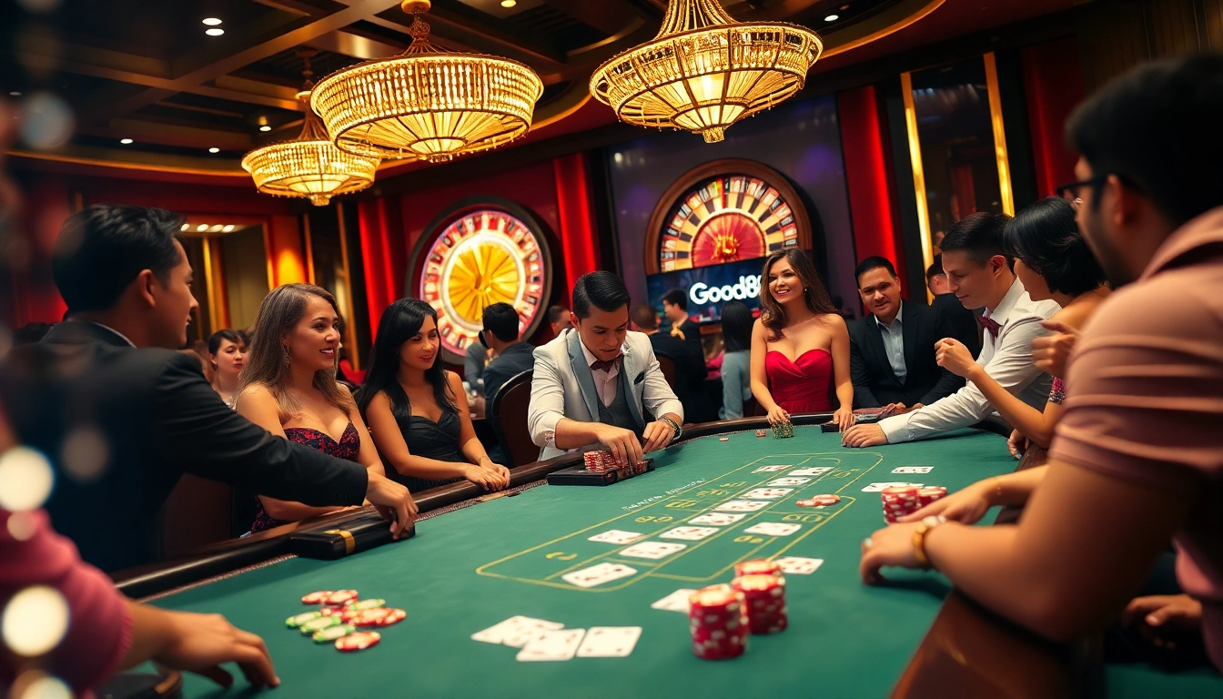 Good88 casino scene showcasing players enjoying blackjack with vibrant poker chips and elegant atmosphere.