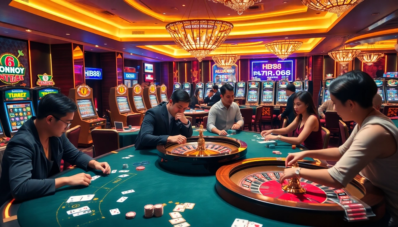 Experience the thrill of hb88 gaming with vibrant casino tables and flashing slot machines.