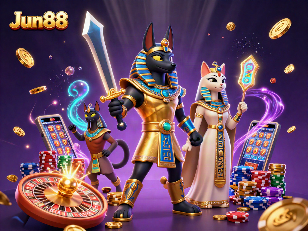 Join the excitement at Jun88 with Anubis and Bastet amidst golden coins and casino treasures.