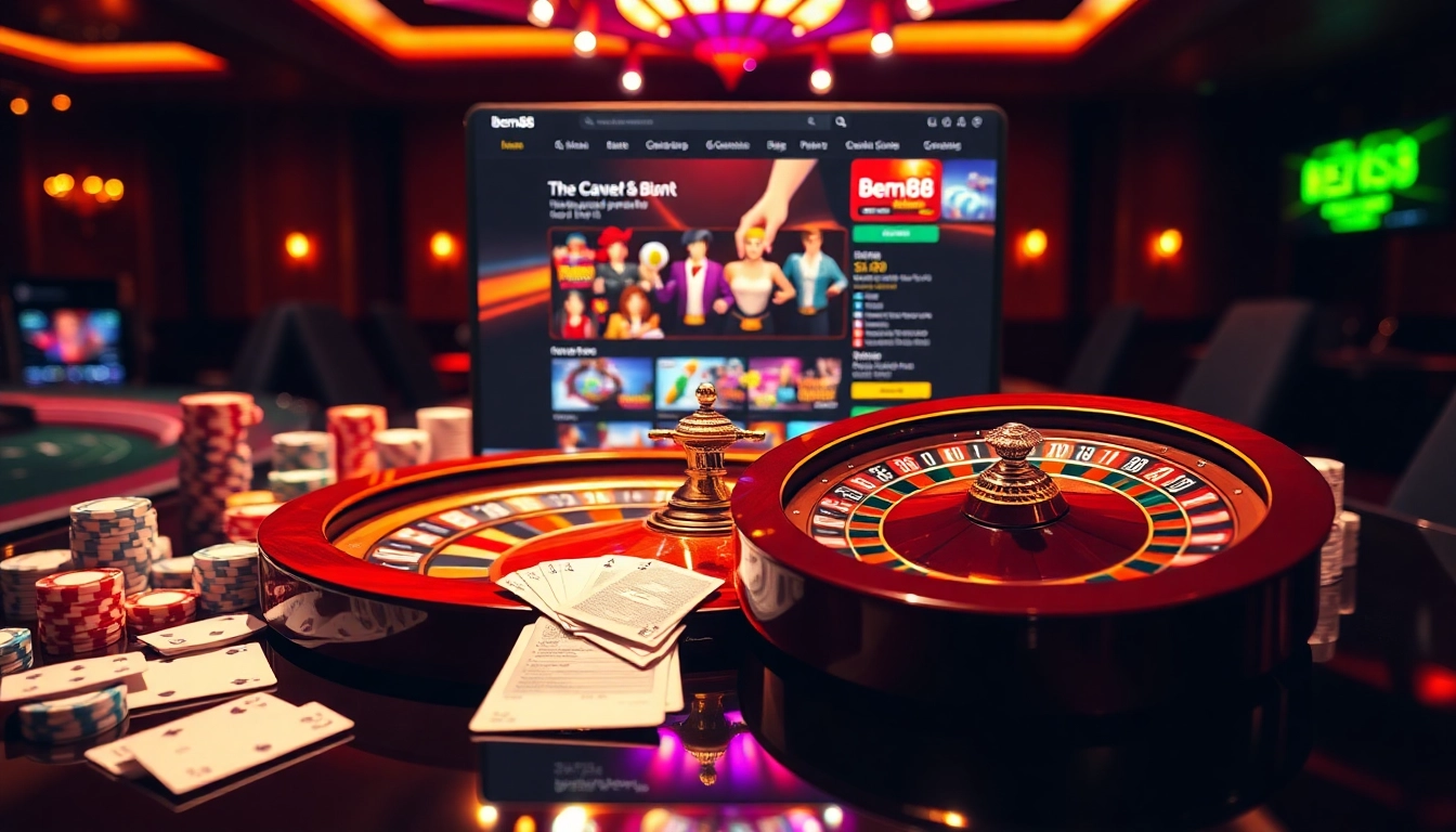 A captivating gambling scene at https://bem88v.com/, featuring poker chips and a roulette wheel.