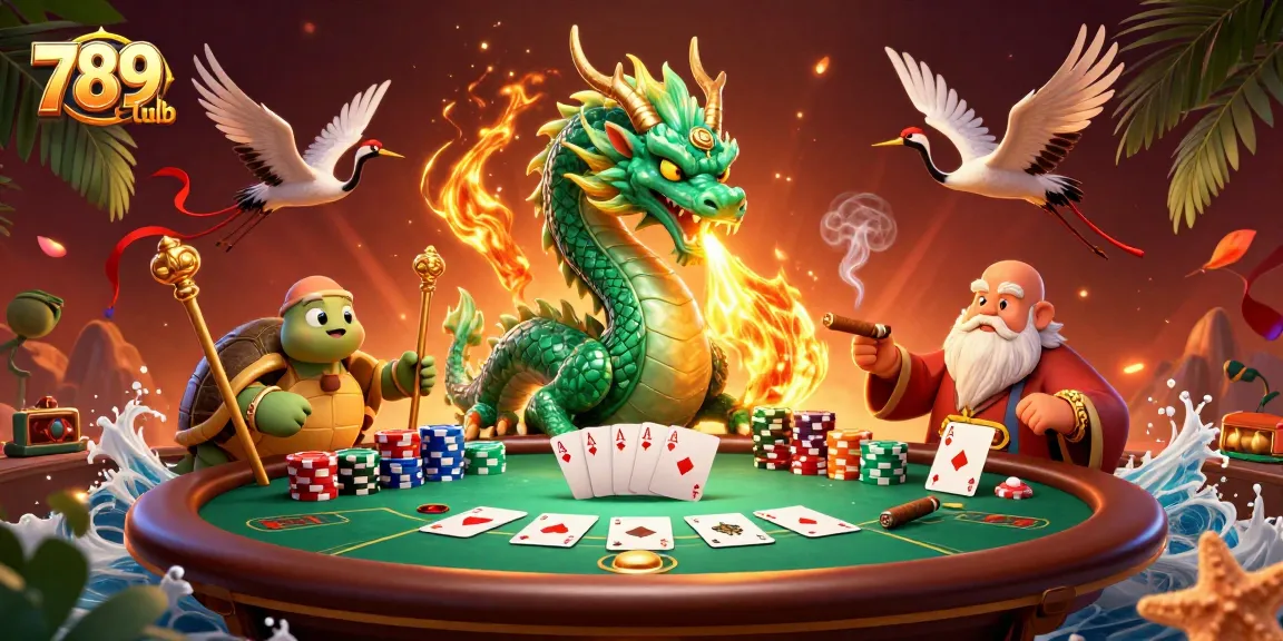Engage in thrilling poker action at 789club with a vibrant scene featuring a dragon, turtle sage, and lucky cranes.
