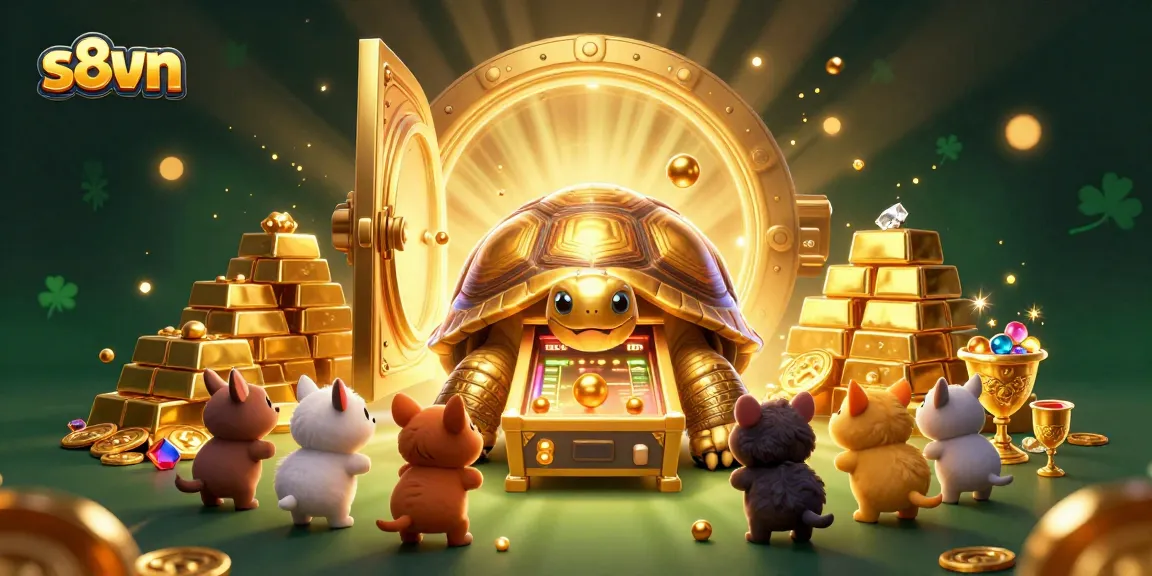 Play exciting casino games with the charming s8vn tortoise in a vibrant treasure scene.