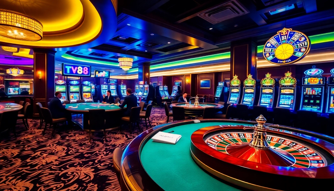 TV88 players enjoying high-stakes poker and roulette in a luxurious casino environment.