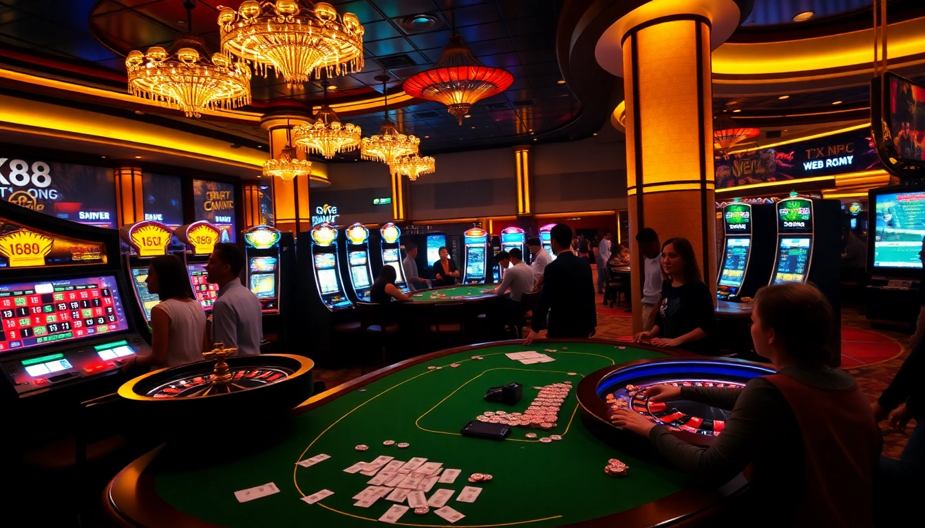 Exciting casino atmosphere with TK88 branding, showcasing high-stakes tables and vibrant slot machines.