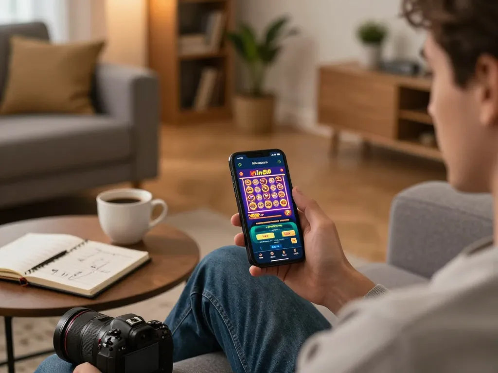 Xin88 player engaging with mobile app during a relaxed gaming session in a cozy living room.