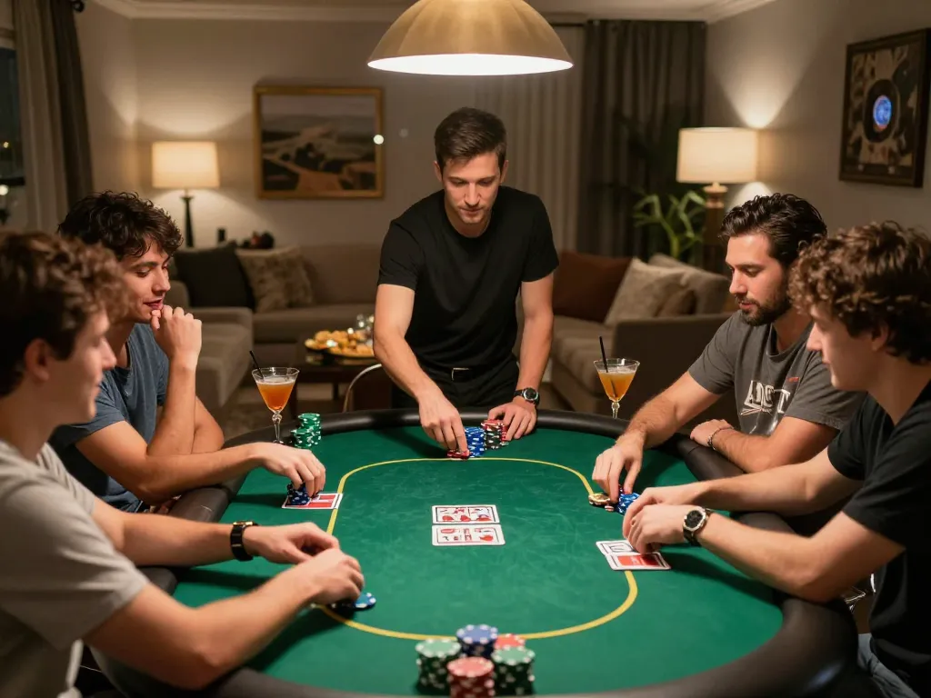 Watch players engage in a thrilling poker game at 8eee home gathering, featuring lively competition and strategic bets