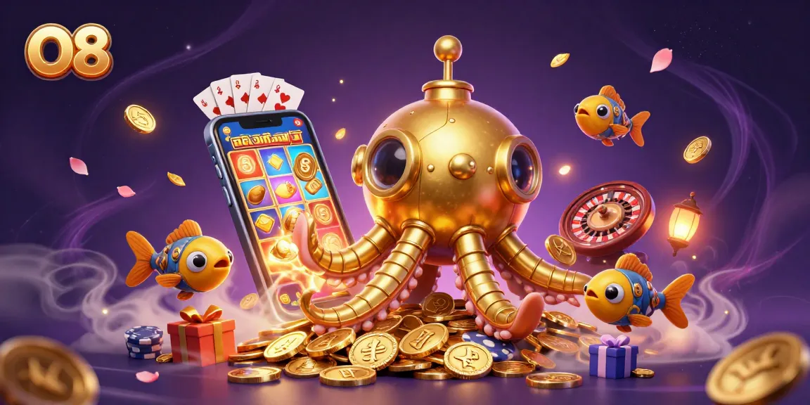 O8 presents a vibrant 3D scene with a golden kraken submarine and casino games, showcasing dynamic gambling thrills.