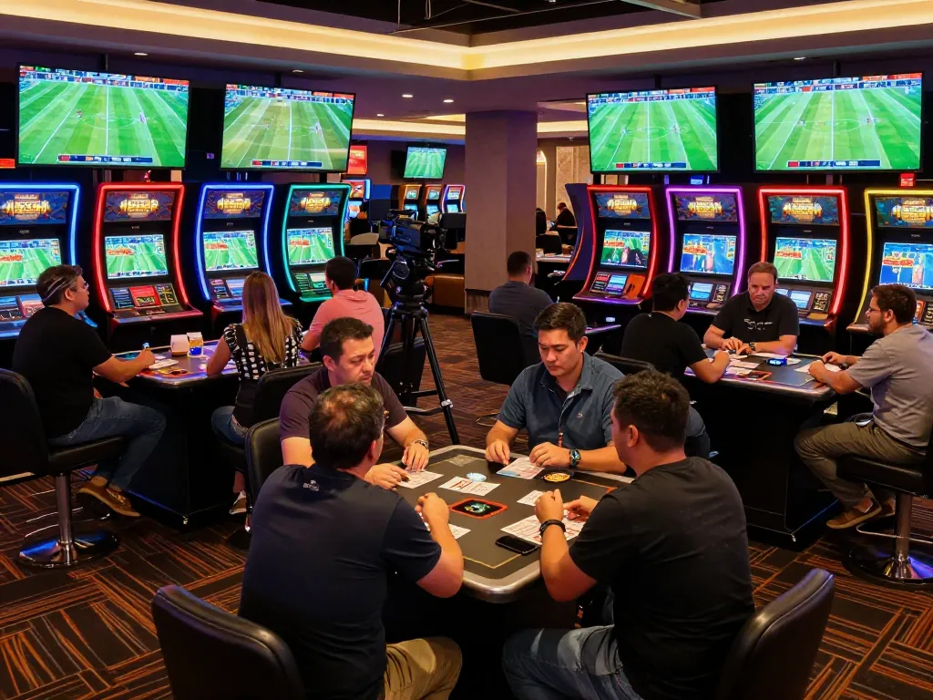 Engaging sports betting scene analyzing การวิเคราะห์ฟุตบอล with excited bettors in action