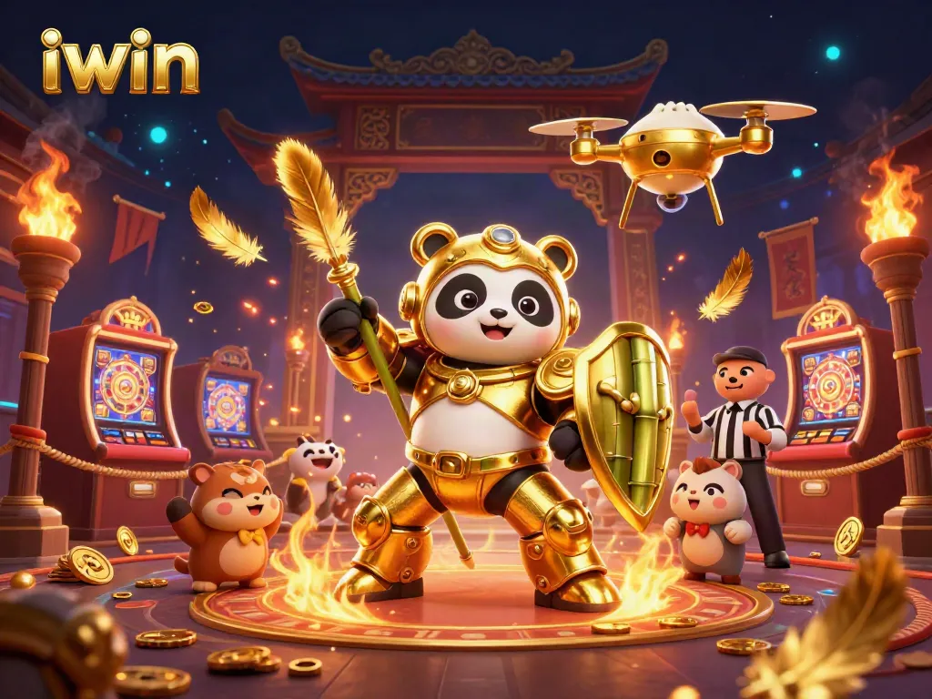 Engage with iwin's exciting gaming experience showcasing a mech-suit golden panda in a dynamic casino arena.