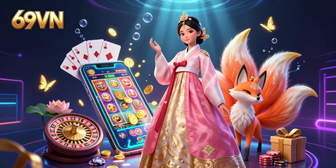 Engage with 69VN’s vibrant casino action showcasing an elegant Asian woman and a lucky fox amidst dynamic gaming elements.