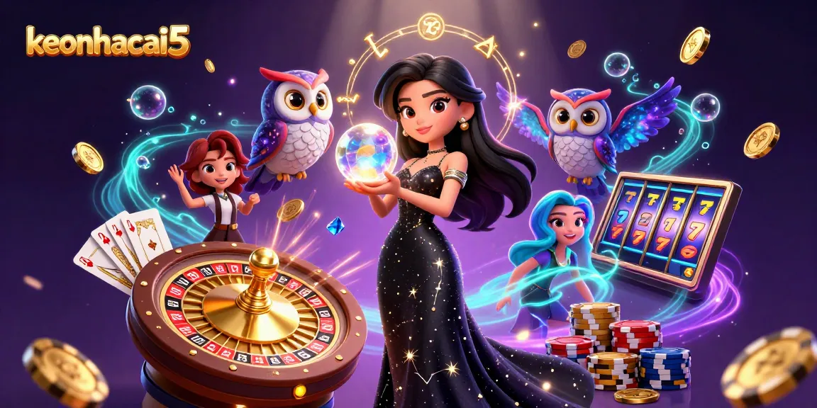 Engage with keonhacai5 for thrilling gambling experiences, featuring a mystical woman and stunning casino elements.