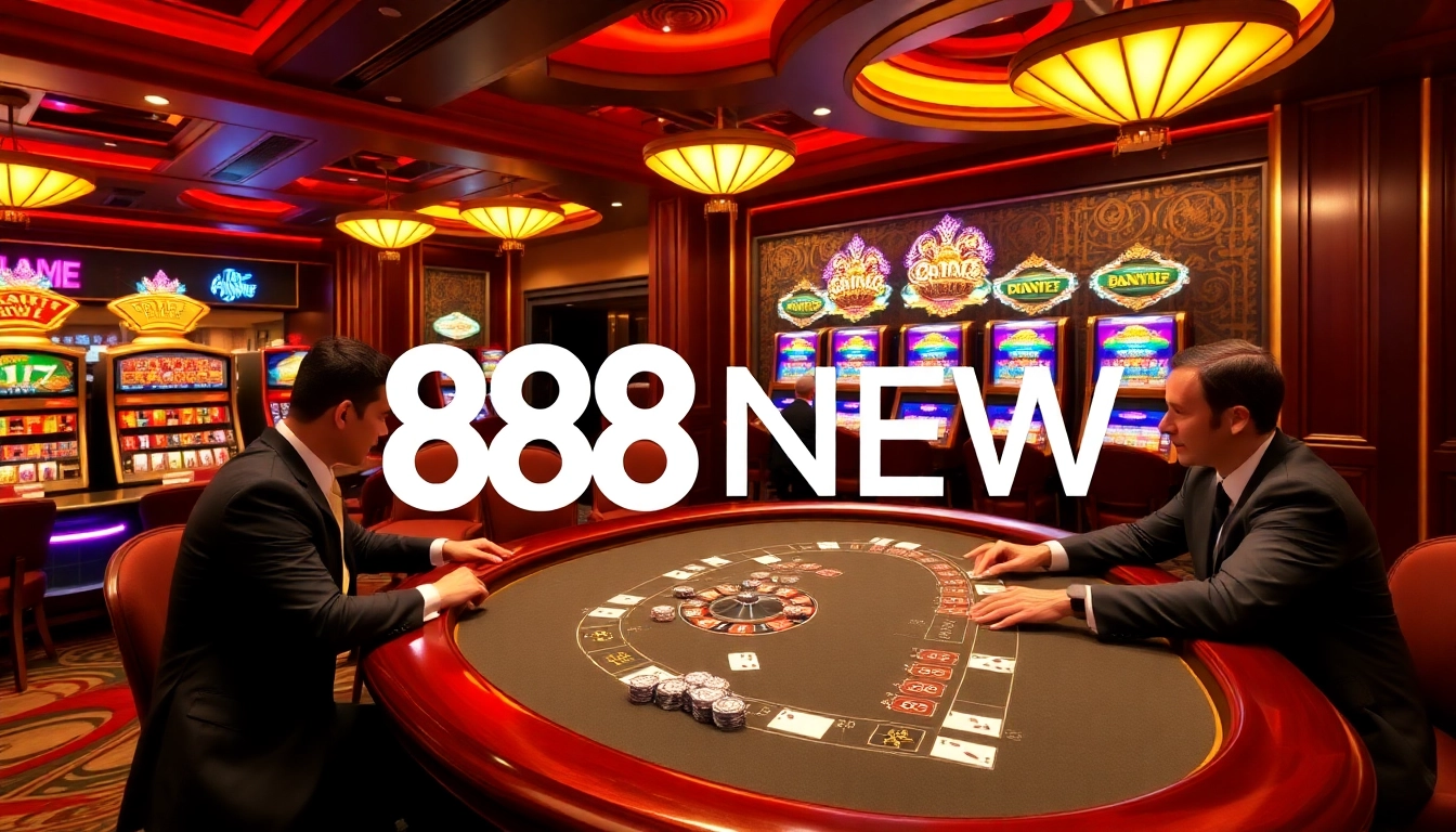 Players enjoy an exciting poker game at 888NEW's luxurious casino table, surrounded by vibrant chips and cards.