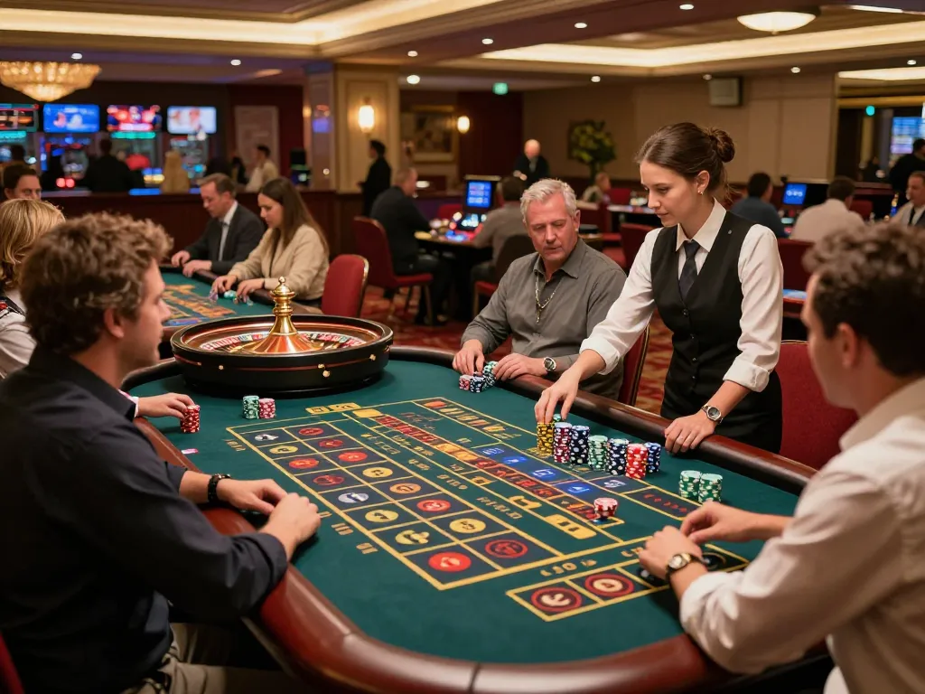 Players engaging in high-stakes betting at OK365 roulette table in vibrant casino.