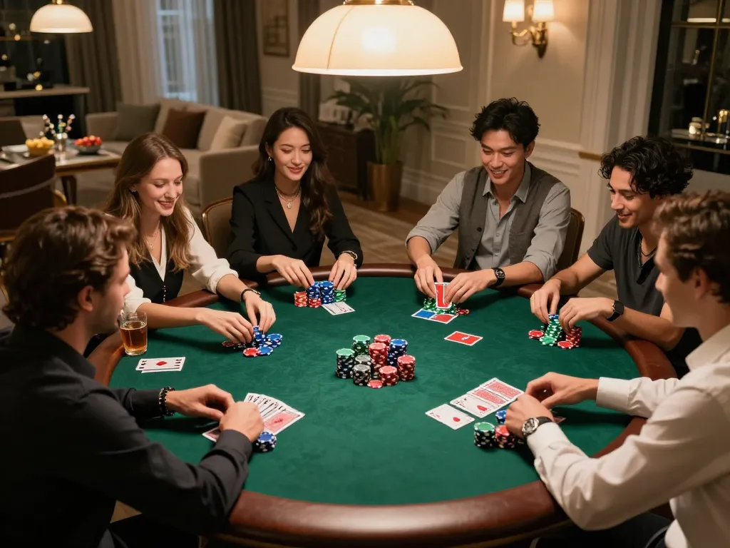 Players enjoying a competitive poker game at home, showcasing ok365 strategy and camaraderie.