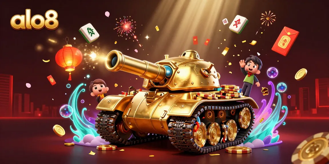Experience the excitement of alo8's online casino with a dynamic 3D illustration showcasing a golden casino tank.