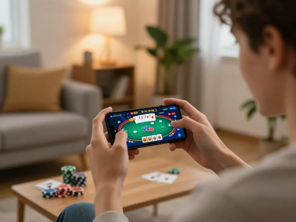 Engaged player using the 33win mobile app for an exciting poker game.