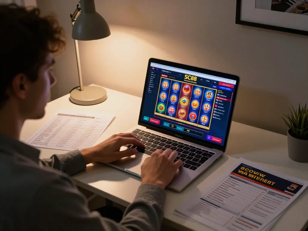 Player engaging with SC88 online casino interface on laptop, illustrating immersive gambling experience
