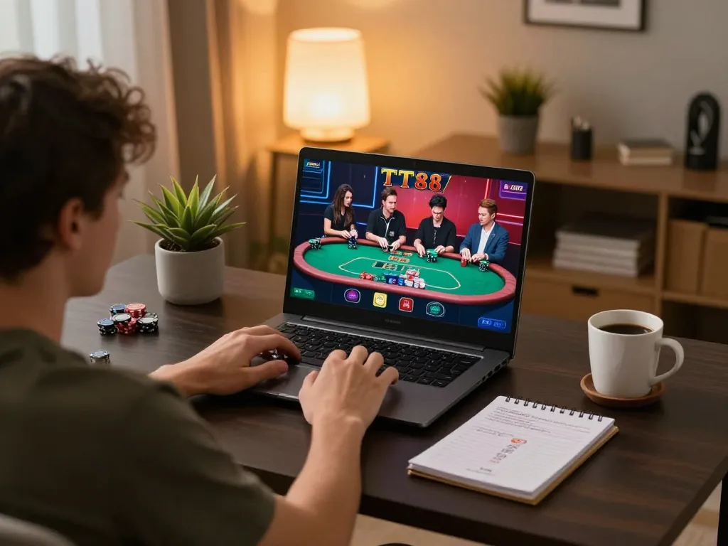 Player engaging in TT88 online casino games on laptop with live dealer.
