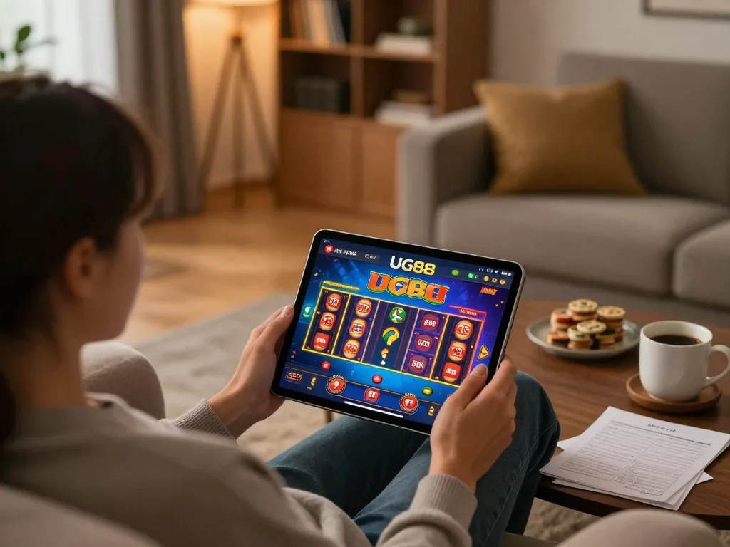 Engaged player enjoying UG88 online casino on tablet in a cozy home environment with vibrant gaming interface.