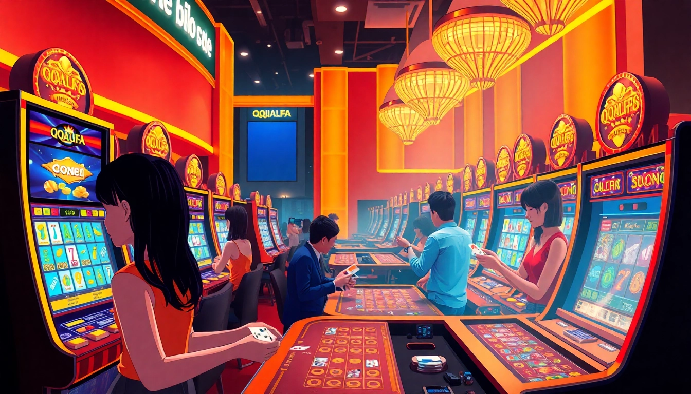 Players winning big on QQALFA slot machines in a luxurious casino atmosphere.
