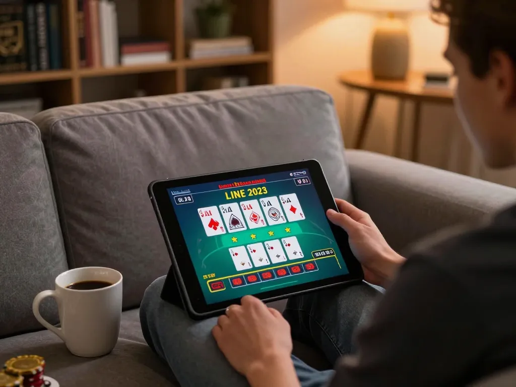 BL555 user engaged in live dealer blackjack on tablet, showcasing a cozy home gaming setting.
