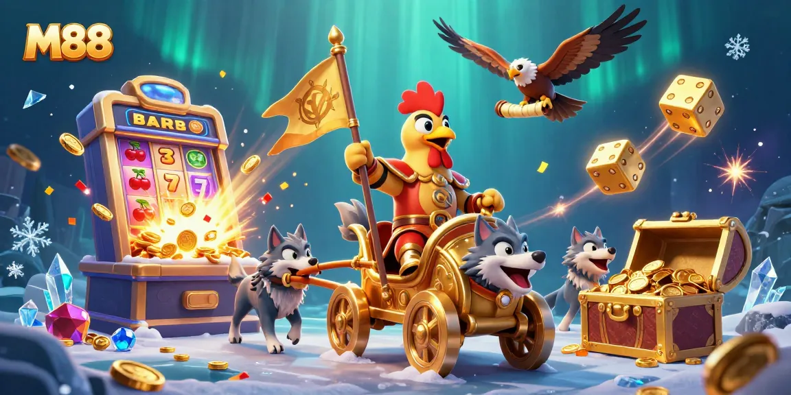 M88 platform showcasing a vibrant slot jackpot scene with a warlord and dynamic casino elements.