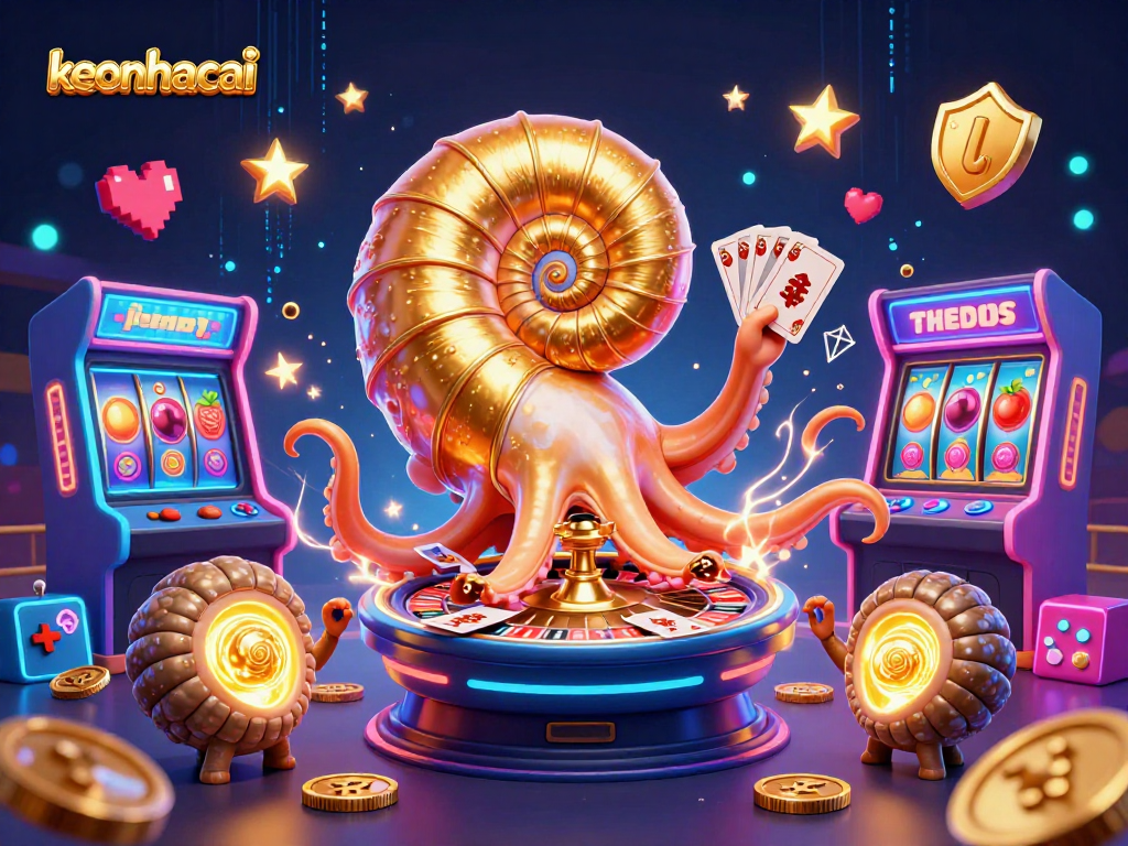 Engage in vibrant gaming with keonhacai's dynamic casino illustration featuring a giant nautilus and exciting slot elements.
