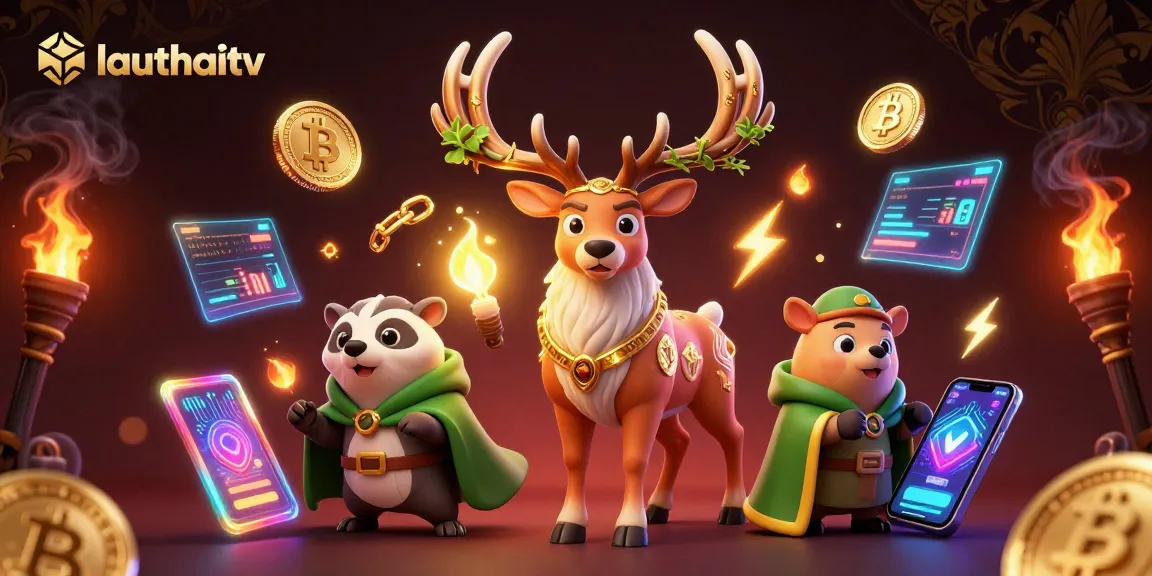 Engage with lauthaitv's enchanting scene featuring mystical characters and vibrant cryptocurrency elements in a gambling-themed composition.
