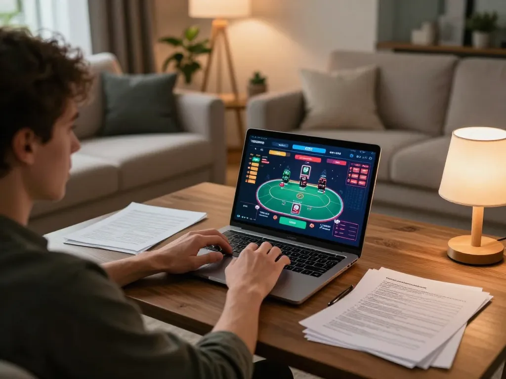 Playing online poker on 98win platform with strategy notes on the table, creating a focused gaming atmosphere
