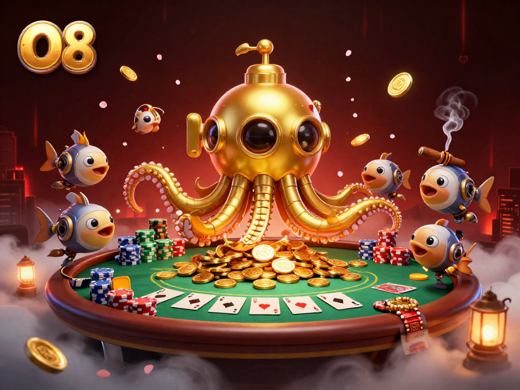 O8 showcases a vibrant 3D kraken submarine emerging from golden coins at a lively poker table.