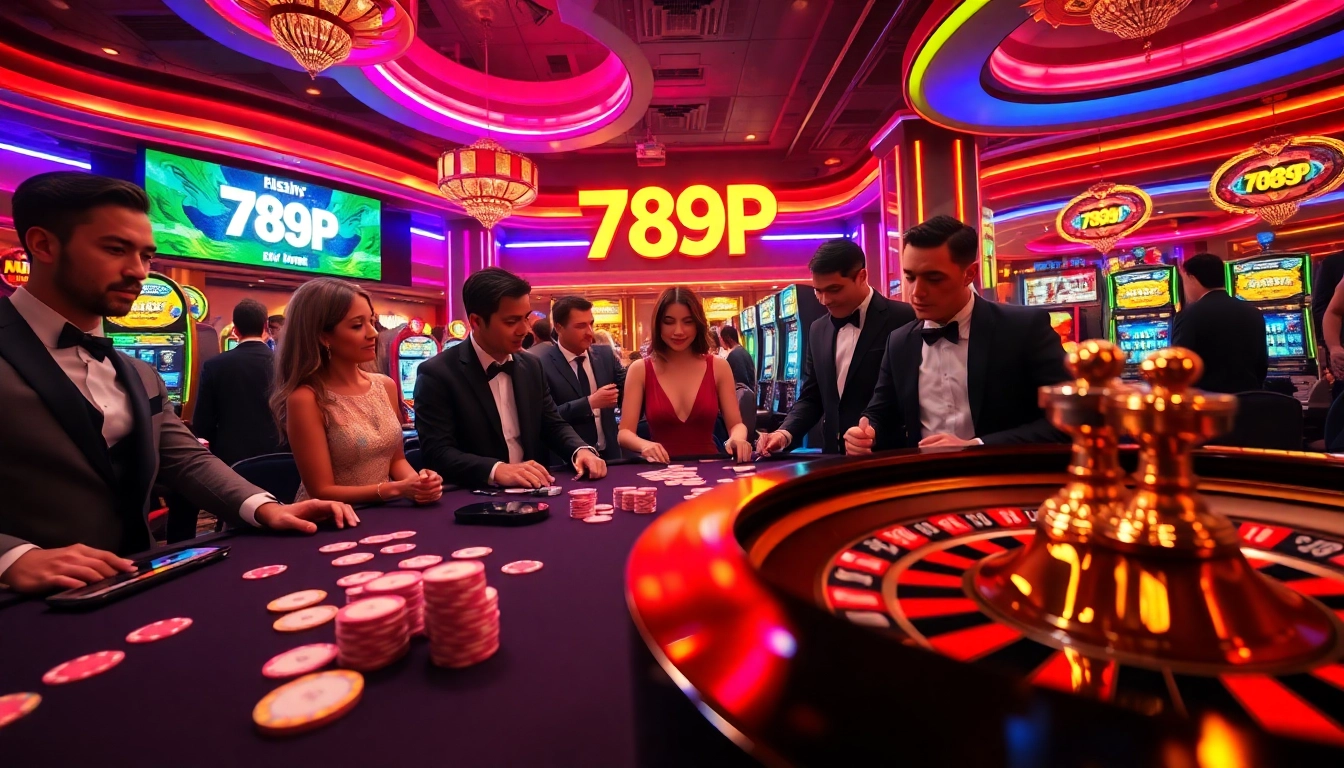 Excited players engaging in high-stakes gambling at 789P casino with vibrant poker tables and neon lights.