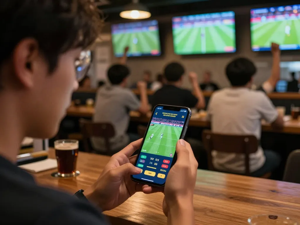 Person actively placing bets on smartphone during live football match, showcasing the thrill of betting at keonhacaii88.