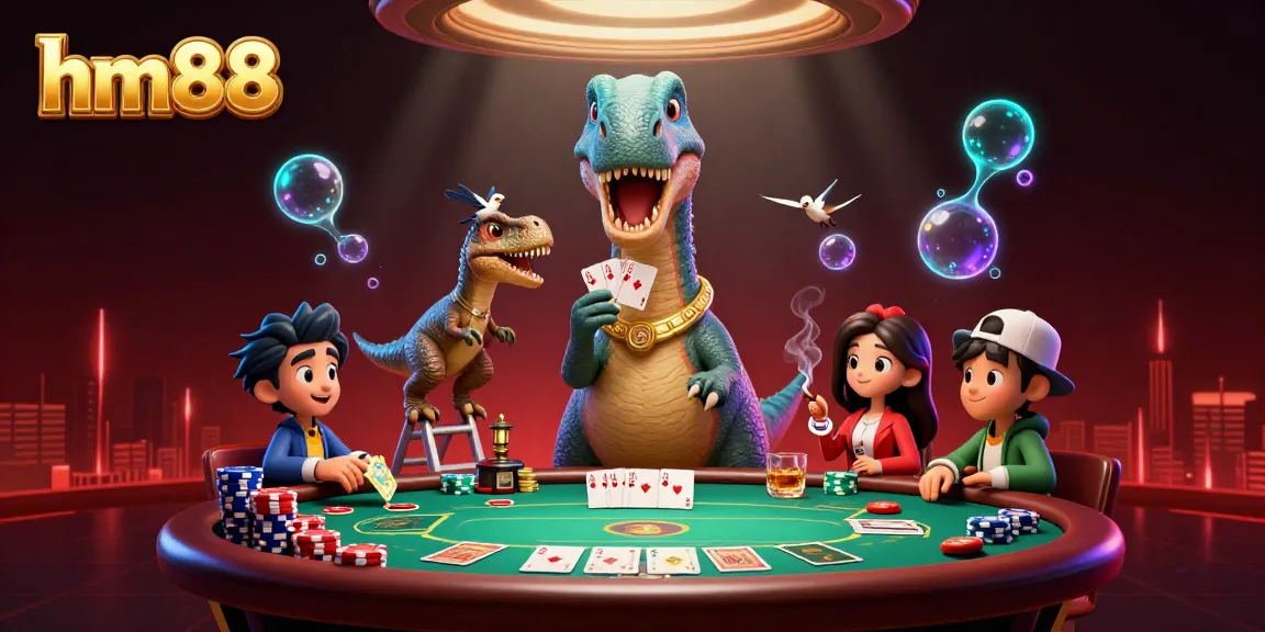 Experience thrilling poker action at hm88 with a brontosaurus dealer overseeing the game.