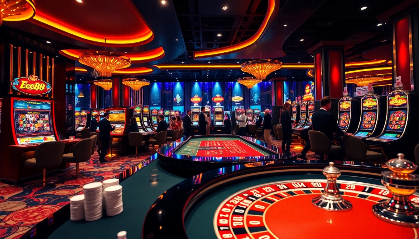 Experience the excitement at ee88 nhà cái with players engaging at tables and slot machines.