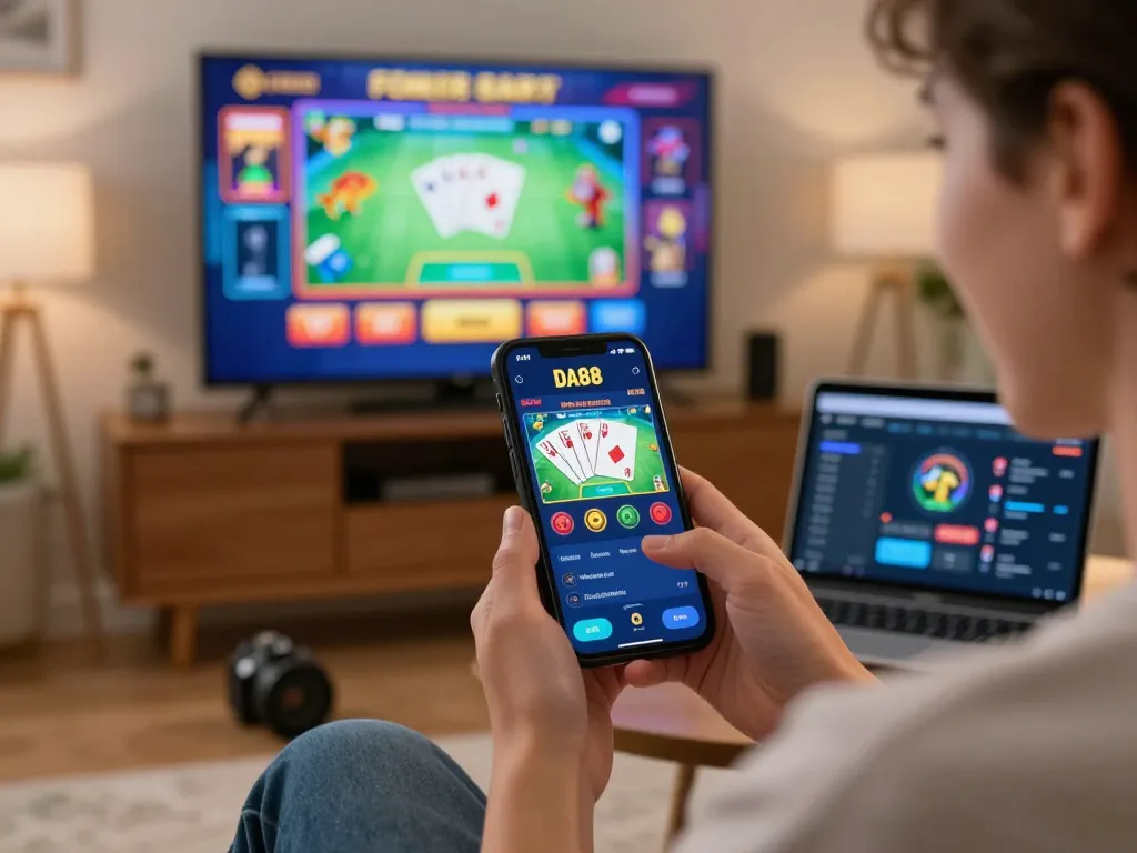 Engaged user exploring DA88's online entertainment features with vibrant gaming elements in a cozy living space.