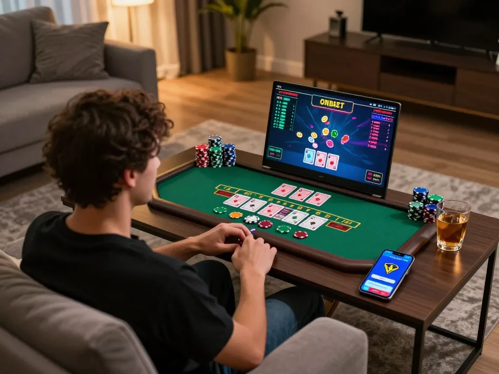 Players engage in online blackjack through Onbet from a cozy living room setup, enhancing home gambling experience.
