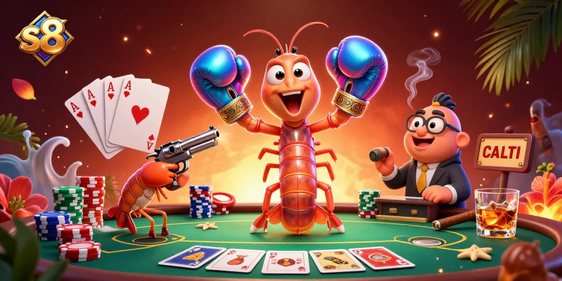 S8 casino battle with mantis shrimp champions playing poker and winning chips at a vibrant gaming table.