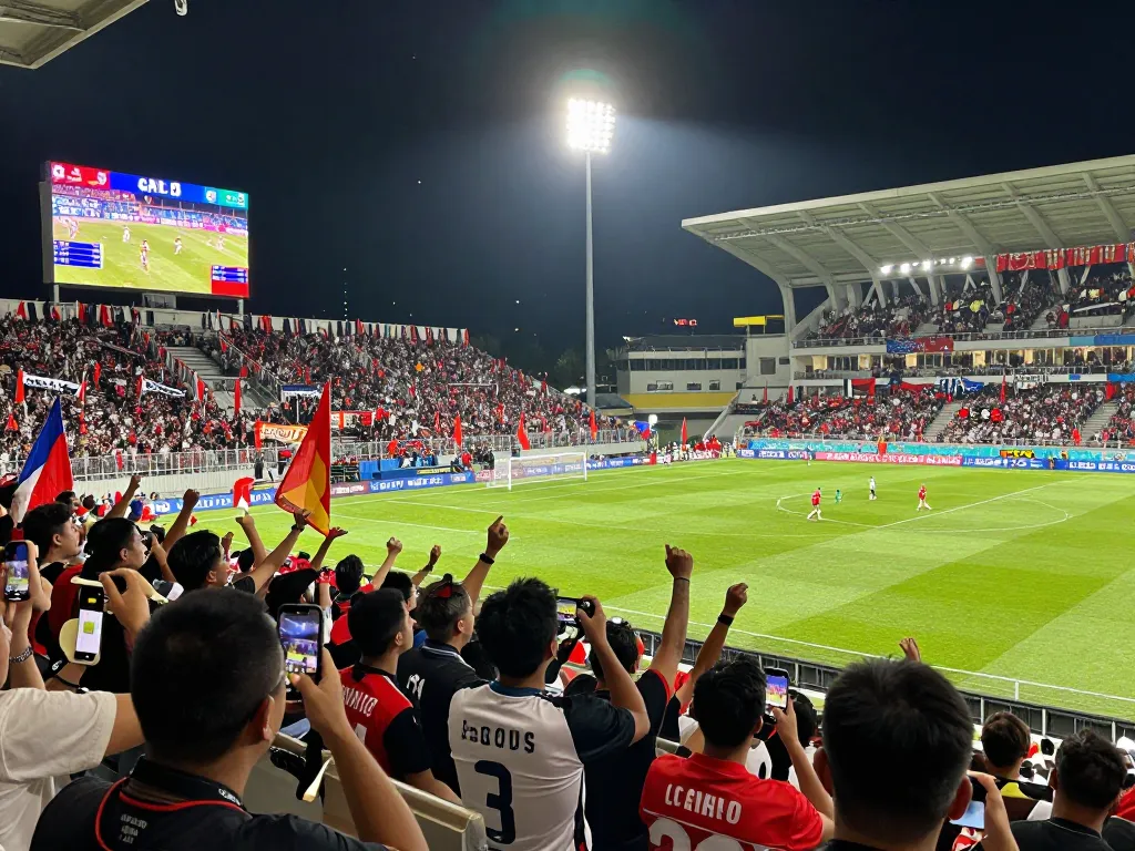Football fans celebrating at a 1gom event under stadium lights.