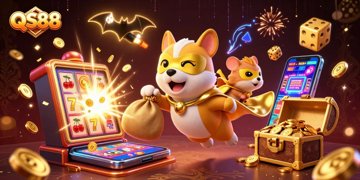 Join the excitement at QS88 with a dynamic cartoon scene featuring a superhero dog and hamster amidst vibrant casino elements.