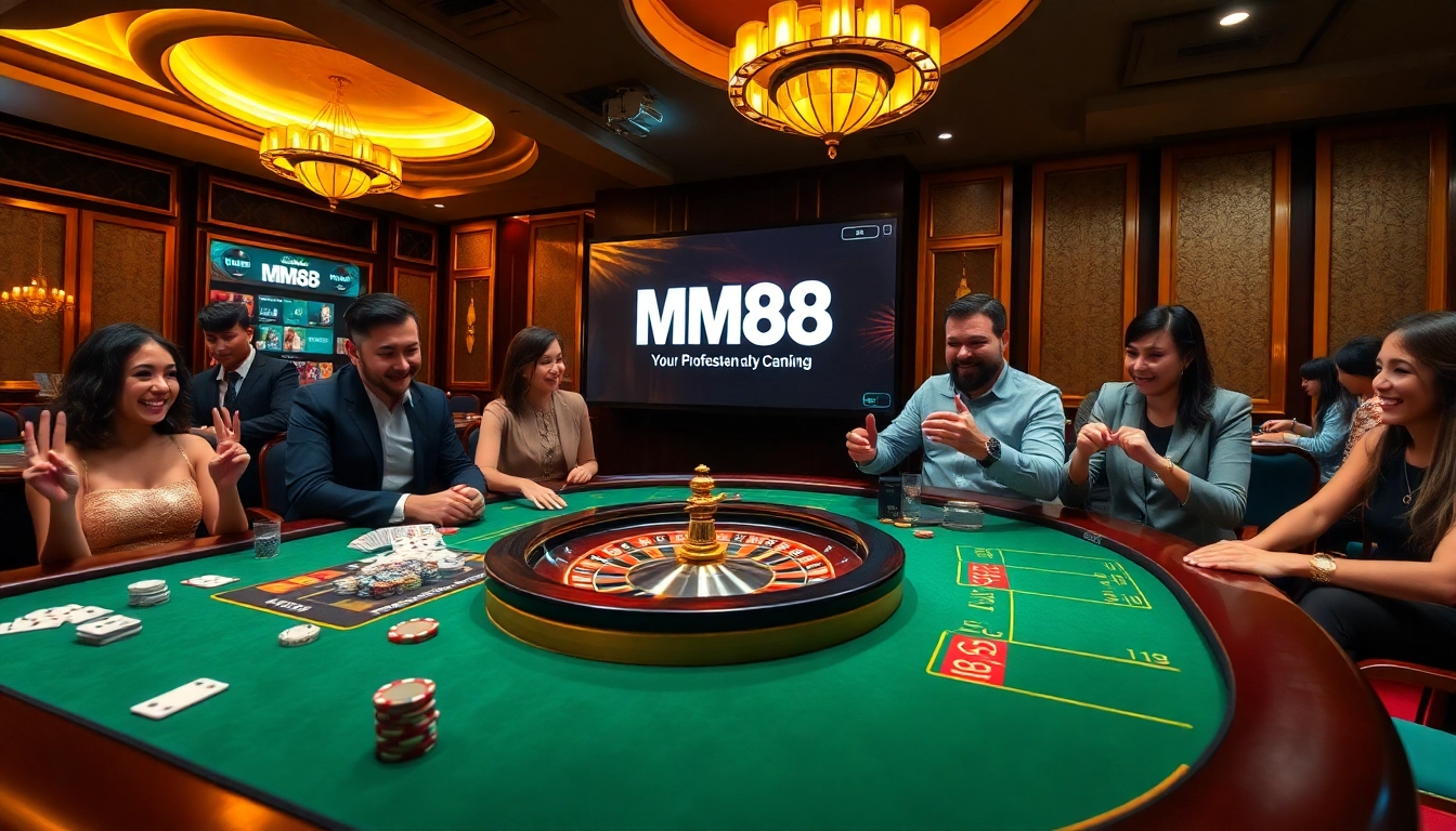 Excited players engage in a luxury casino scene at https://1mm888.com/, showcasing poker and roulette action.