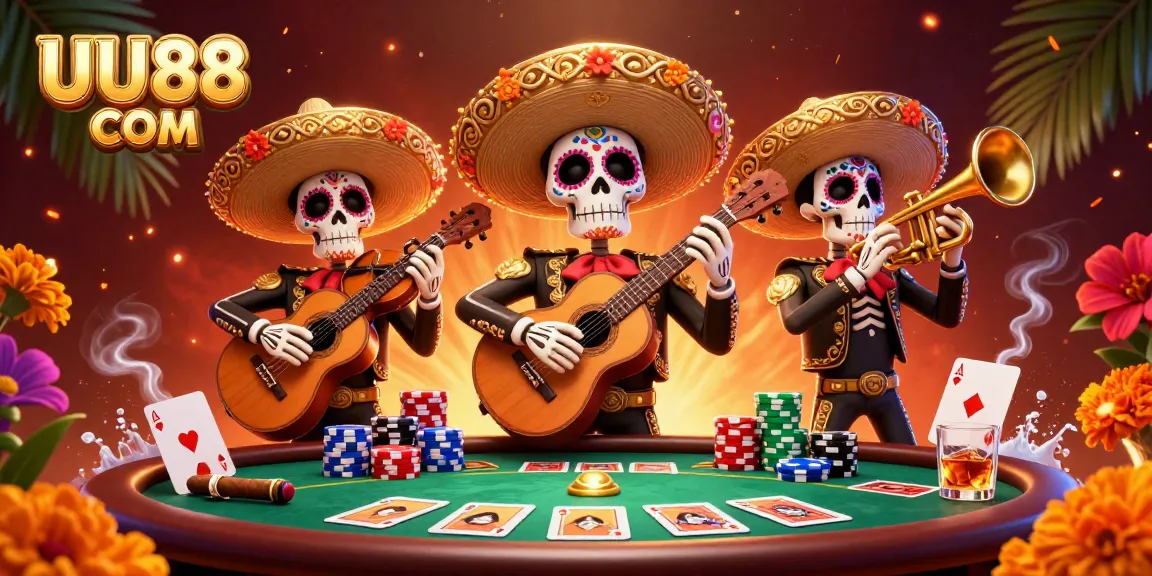Experience the thrill of poker with vibrant characters at UU88 COM casino, showcasing a lively mariachi band.