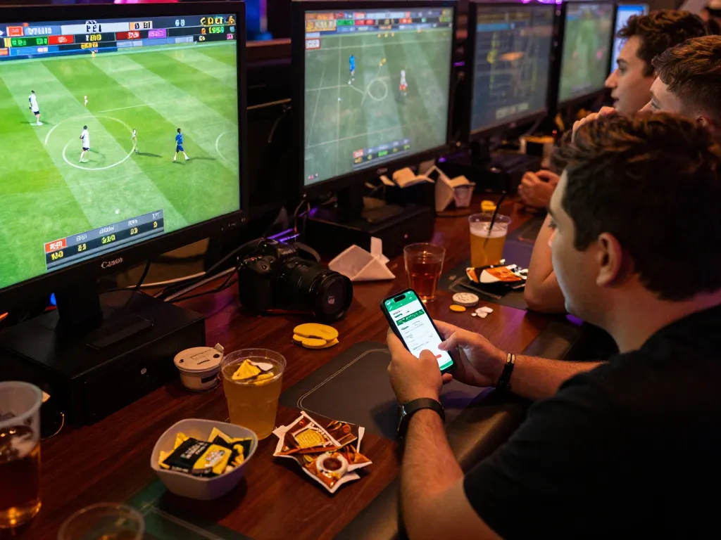 Person actively betting on sports using the tylekeonhacai88 app while enjoying a lively game night with friends.